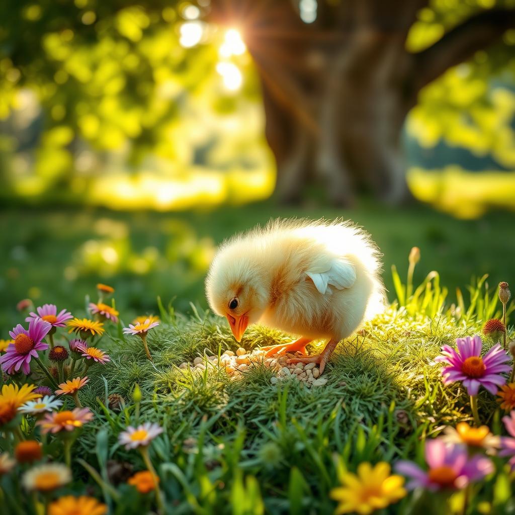 A delightful scene of a fluffy yellow chick pecking at grains on a soft patch of green grass