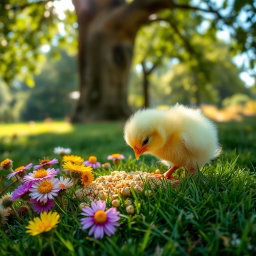 A delightful scene of a fluffy yellow chick pecking at grains on a soft patch of green grass