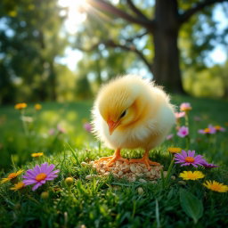 A delightful scene of a fluffy yellow chick pecking at grains on a soft patch of green grass