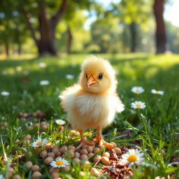 A cute little chick happily pecking at some seeds on the ground
