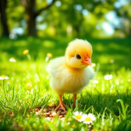 A cute little chick happily pecking at some seeds on the ground