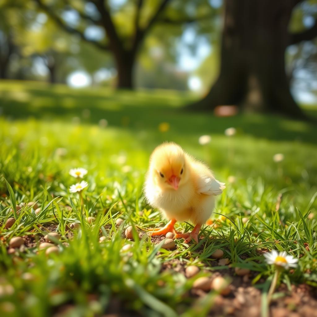 A cute little chick happily pecking at some seeds on the ground