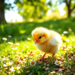 A cute little chick happily pecking at some seeds on the ground