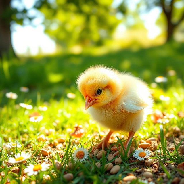 A cute little chick happily pecking at some seeds on the ground