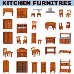 A colorful pixel art spritesheet featuring various kitchen furniture made of wood