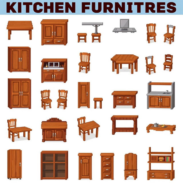 A colorful pixel art spritesheet featuring various kitchen furniture made of wood