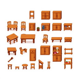 A colorful pixel art spritesheet featuring various kitchen furniture made of wood