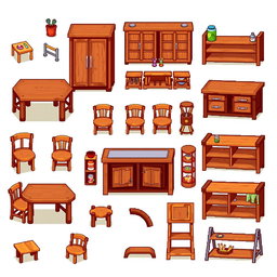 A colorful pixel art spritesheet featuring various kitchen furniture made of wood
