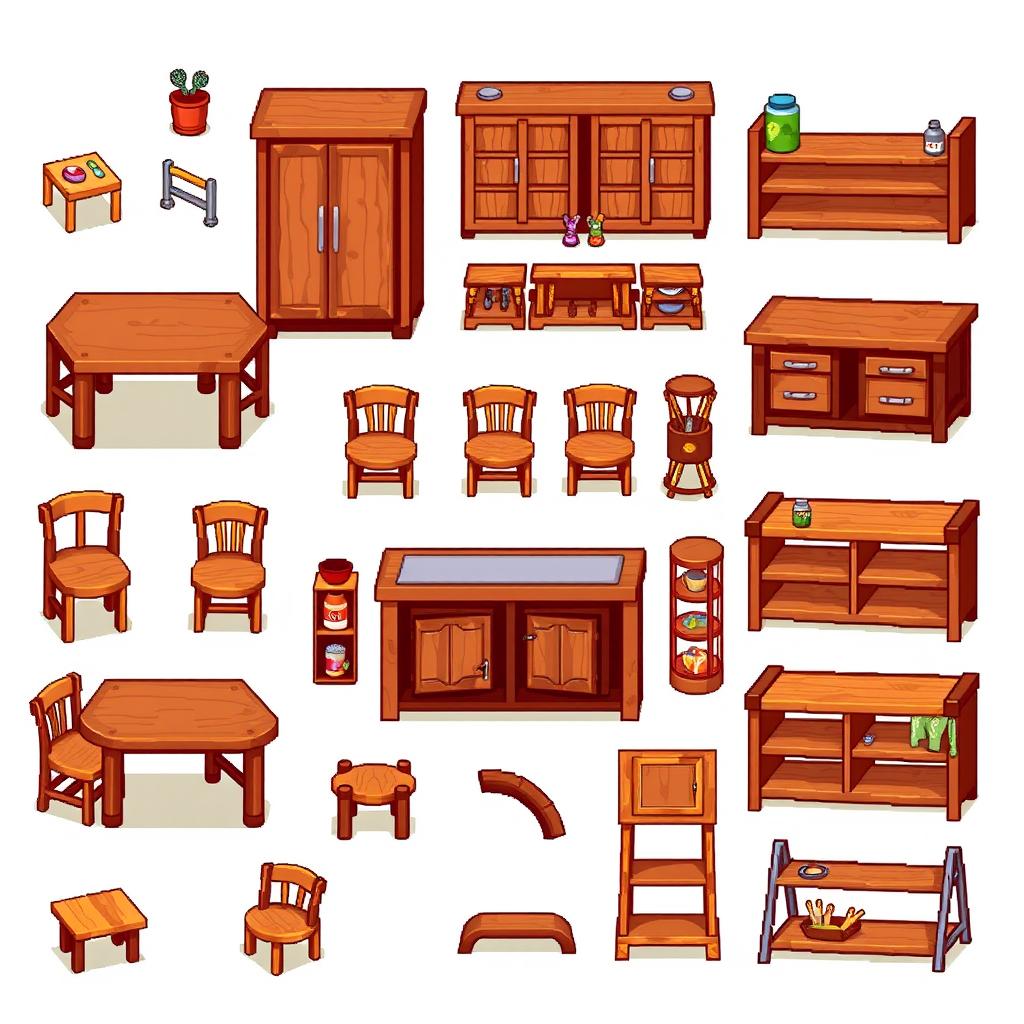 A colorful pixel art spritesheet featuring various kitchen furniture made of wood
