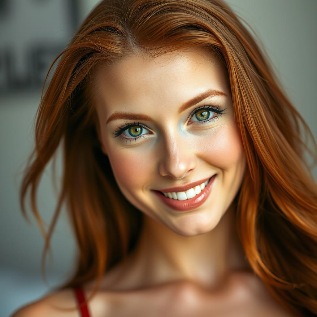 A stunning close-up portrait of a 35-year-old red-haired woman with a beautiful face and large breasts