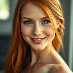 A stunning close-up portrait of a 35-year-old red-haired woman with a beautiful face and large breasts