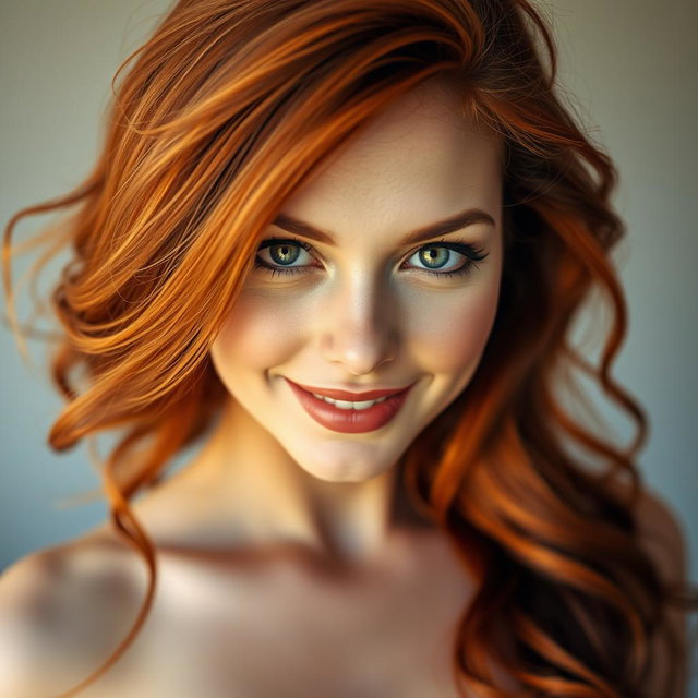 A captivating close-up portrait of a 35-year-old red-haired woman with large breasts and a strikingly beautiful face