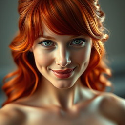 A captivating close-up portrait of a 35-year-old red-haired woman with large breasts and a strikingly beautiful face