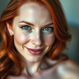 A captivating close-up portrait of a 35-year-old red-haired woman with large breasts and a strikingly beautiful face