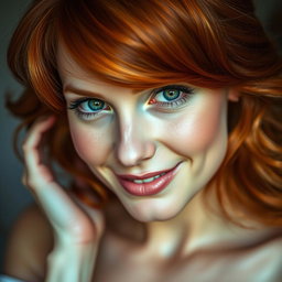 A captivating close-up portrait of a 35-year-old red-haired woman with large breasts and a strikingly beautiful face