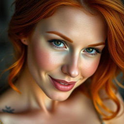 A close-up portrait of a beautiful 35-year-old red-haired woman with large breasts and a stunning face, showcasing her captivating features, vibrant hair, and an engaging expression that exudes confidence and charm