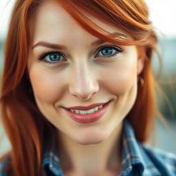 A close-up portrait of a beautiful 35-year-old red-haired woman with large breasts and a stunning face, showcasing her captivating features, vibrant hair, and an engaging expression that exudes confidence and charm
