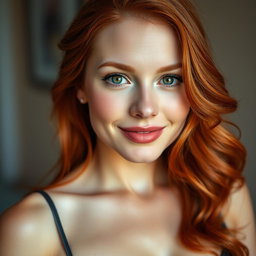 A close-up portrait of a beautiful 35-year-old red-haired woman with large breasts and a stunning face, showcasing her captivating features, vibrant hair, and an engaging expression that exudes confidence and charm