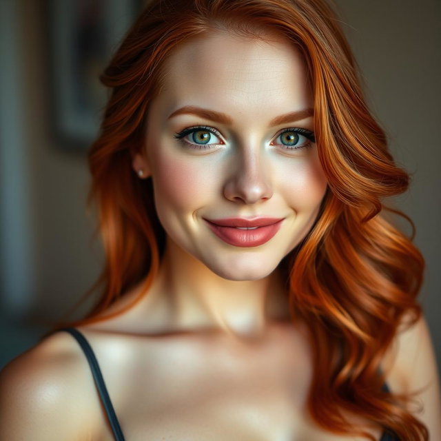 A close-up portrait of a beautiful 35-year-old red-haired woman with large breasts and a stunning face, showcasing her captivating features, vibrant hair, and an engaging expression that exudes confidence and charm