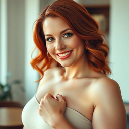 A beautiful 35-year-old red-haired woman with a stunning face and curvy figure