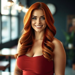 A beautiful 35-year-old red-haired woman with a stunning face and curvy figure