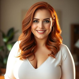 A beautiful 35-year-old red-haired woman with a stunning face and curvy figure