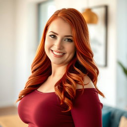 A beautiful 35-year-old red-haired woman with a stunning face and curvy figure