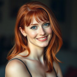 A portrait of a slender 35-year-old red-haired woman with large breasts and a beautiful face, highlighting her elegant features, striking red hair, and a charming smile that captures her personality