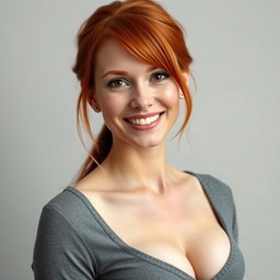 A portrait of a slender 35-year-old red-haired woman with large breasts and a beautiful face, highlighting her elegant features, striking red hair, and a charming smile that captures her personality