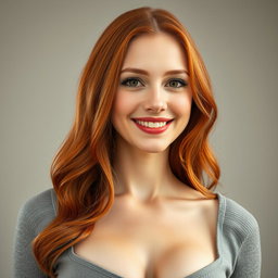 A portrait of a slender 35-year-old red-haired woman with large breasts and a beautiful face, highlighting her elegant features, striking red hair, and a charming smile that captures her personality
