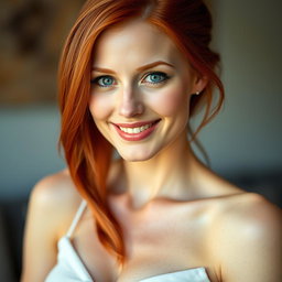 A portrait of a slender 35-year-old red-haired woman with large breasts and a beautiful face, highlighting her elegant features, striking red hair, and a charming smile that captures her personality