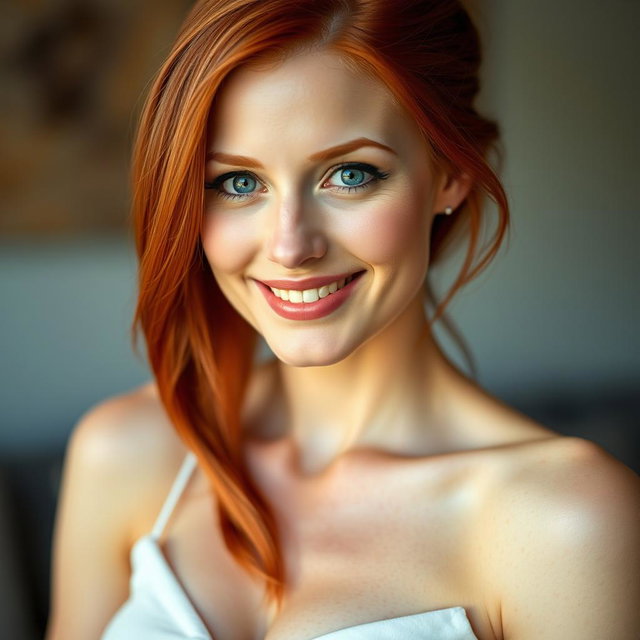 A portrait of a slender 35-year-old red-haired woman with large breasts and a beautiful face, highlighting her elegant features, striking red hair, and a charming smile that captures her personality