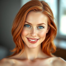A slender 35-year-old red-haired woman with large breasts and a beautiful face