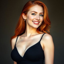A portrait of a slender 35-year-old red-haired woman with large breasts and a beautiful face, emphasizing her graceful figure, radiant red hair, and captivating smile that highlights her attractiveness and confidence