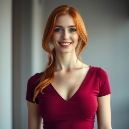 A portrait of a slender 35-year-old red-haired woman with large breasts and a beautiful face, emphasizing her graceful figure, radiant red hair, and captivating smile that highlights her attractiveness and confidence