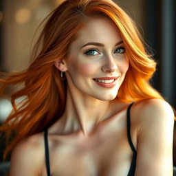 A slender 35-year-old red-haired woman with large breasts and a beautiful face