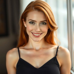 A portrait of a slender 35-year-old red-haired woman with large breasts and a beautiful face, focusing on her alluring features, radiant red hair, and a warm smile that reflects her charisma and confidence