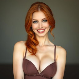 A portrait of a slender 35-year-old red-haired woman with large breasts and a beautiful face, focusing on her alluring features, radiant red hair, and a warm smile that reflects her charisma and confidence