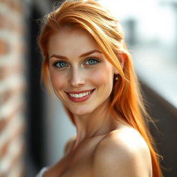 A portrait of a slender 35-year-old red-haired woman with large breasts and a beautiful face, focusing on her alluring features, radiant red hair, and a warm smile that reflects her charisma and confidence