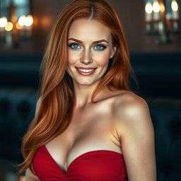 A slender 35-year-old red-haired woman with large breasts and a beautiful face