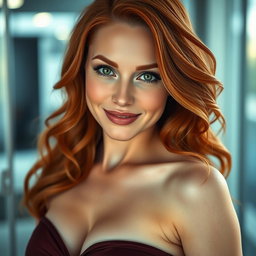 A slender 35-year-old red-haired woman with large breasts and a beautiful face