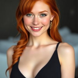 A portrait of a slender 35-year-old red-haired woman featuring large breasts and an exquisite face, showcasing her vibrant red hair, striking eyes, and a charming smile that reflects her personality and allure
