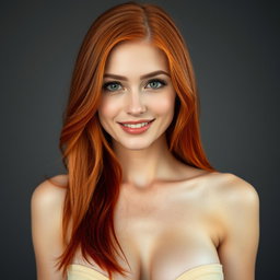 A portrait of a slender 35-year-old red-haired woman featuring large breasts and an exquisite face, showcasing her vibrant red hair, striking eyes, and a charming smile that reflects her personality and allure