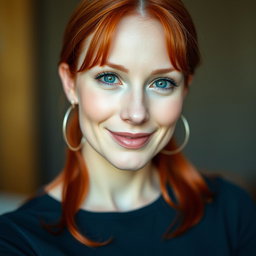 A portrait of a slender 35-year-old red-haired woman featuring large breasts and an exquisite face, showcasing her vibrant red hair, striking eyes, and a charming smile that reflects her personality and allure