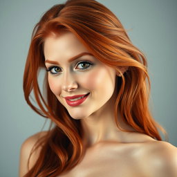 A portrait of a slender 35-year-old red-haired woman featuring large breasts and an exquisite face, showcasing her vibrant red hair, striking eyes, and a charming smile that reflects her personality and allure