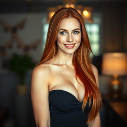 A slender 35-year-old red-haired woman with large breasts and a beautiful face
