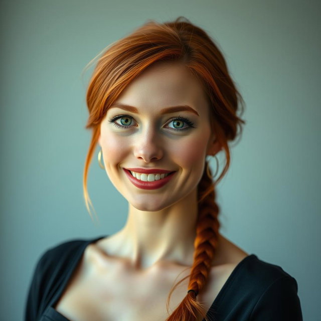 A beautiful portrait of a slender 35-year-old red-haired woman with large breasts and a strikingly attractive face, emphasizing her glossy red hair, sparkling green eyes, and a friendly smile that captures her personality and elegance