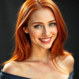 A beautiful portrait of a slender 35-year-old red-haired woman with large breasts and a strikingly attractive face, emphasizing her glossy red hair, sparkling green eyes, and a friendly smile that captures her personality and elegance