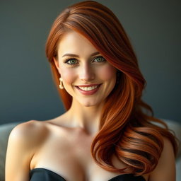 An elegant portrait of a slender 35-year-old red-haired woman with noticeable large breasts and a beautiful, captivating face, featuring her shiny red locks cascading around her shoulders, with sparkling green eyes and a warm smile that radiates confidence and charm