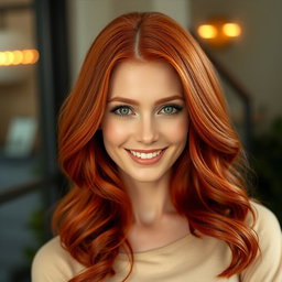 An elegant portrait of a slender 35-year-old red-haired woman with noticeable large breasts and a beautiful, captivating face, featuring her shiny red locks cascading around her shoulders, with sparkling green eyes and a warm smile that radiates confidence and charm